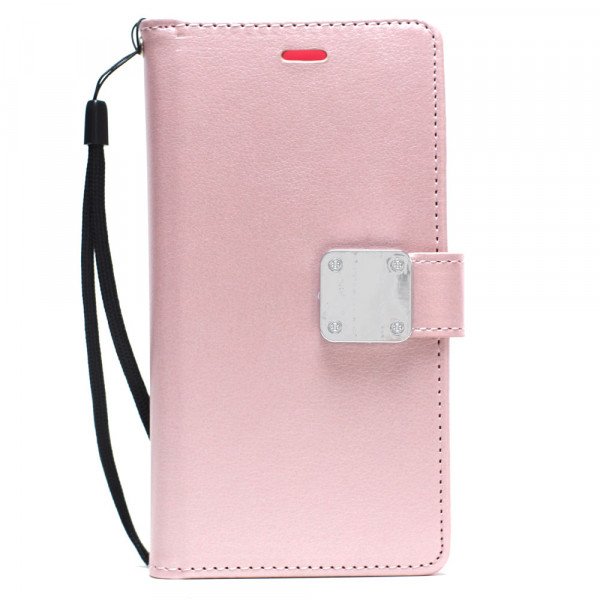 Wholesale Galaxy Note 10+ (Plus) Multi Pockets Folio Flip Leather Wallet Case with Strap (Rose Gold)